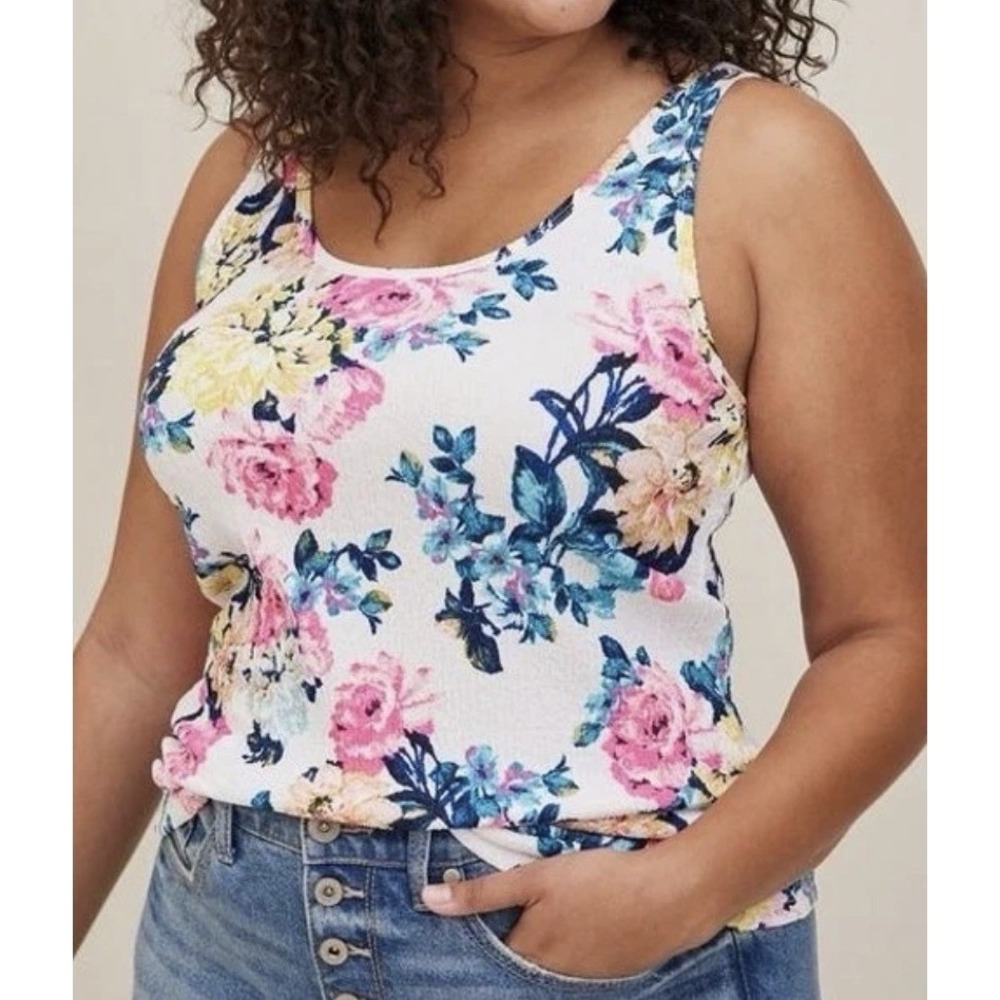 NWT Torrid Women's Sz 1X Knit Smocked Double Scoop Neck Tank Top Multi Floral